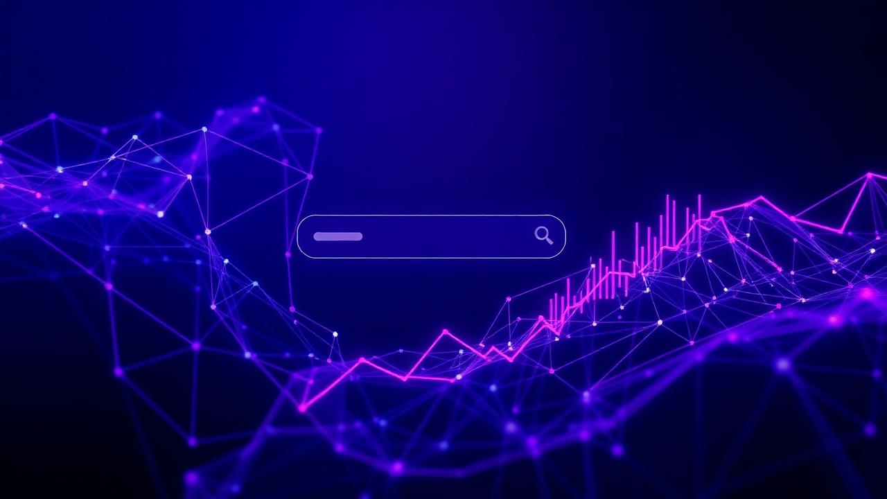 Abstract AI neural network with a search bar and ranking graph illustrating AI-driven SEO