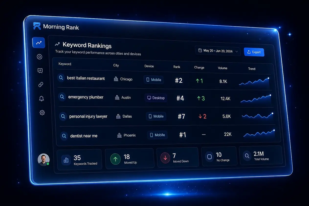 MorningRank keyword rank tracking dashboard showing position history and SERP features by city and device