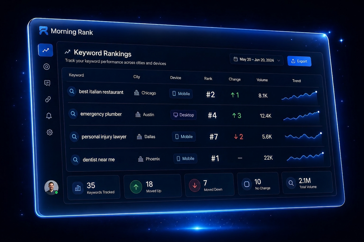 MorningRank keyword rank tracking dashboard showing position history and SERP features by city and device