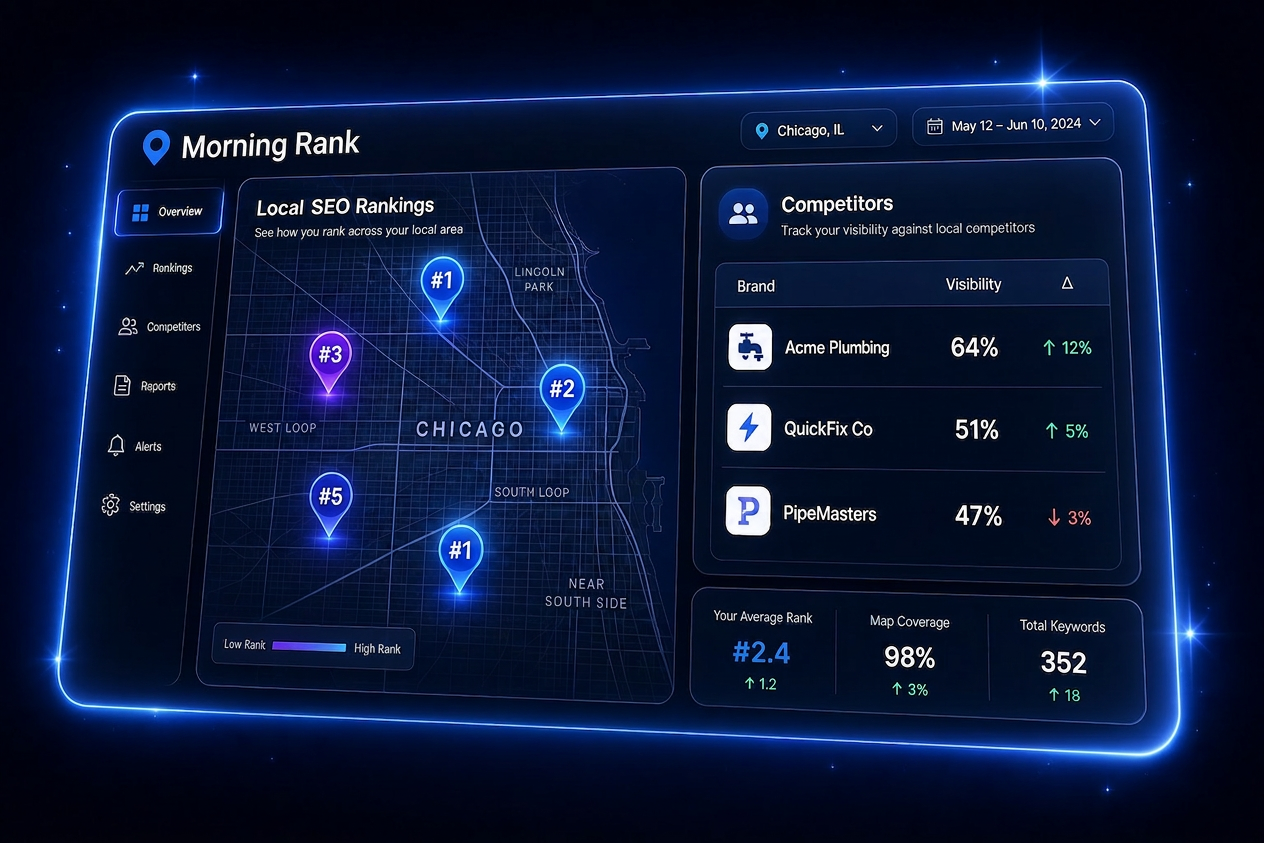 MorningRank local SEO tracking dashboard comparing keyword rankings across multiple cities and locations