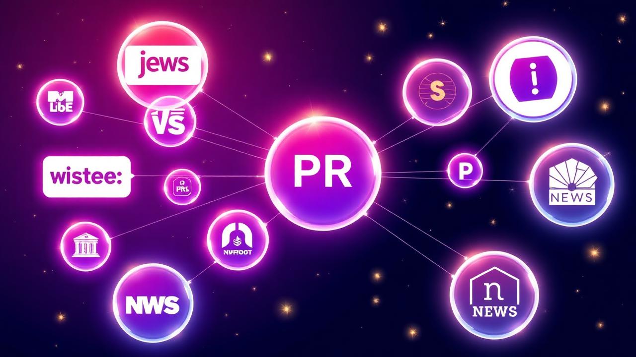 Constellation of glowing publication and newsroom nodes connected by light beams to a central brand node, representing digital PR and earned media backlinks
