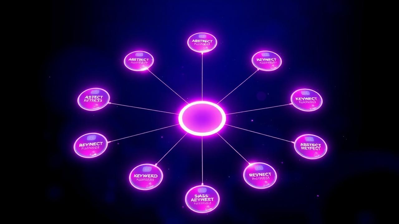 Glowing topic-cluster diagram with one central pillar node connected to a dozen satellite keyword nodes, representing hub-and-spoke content architecture