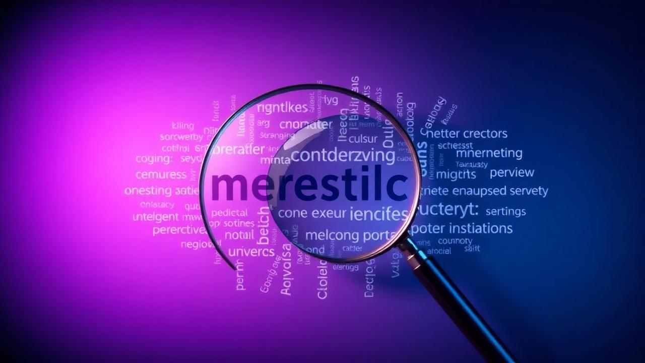 Magnifying glass over a glowing keyword cloud representing keyword research