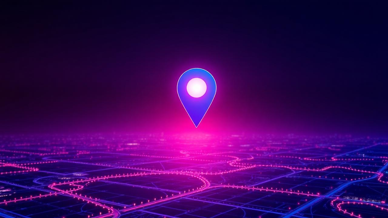 Glowing local SEO map pin over a city grid representing local search visibility