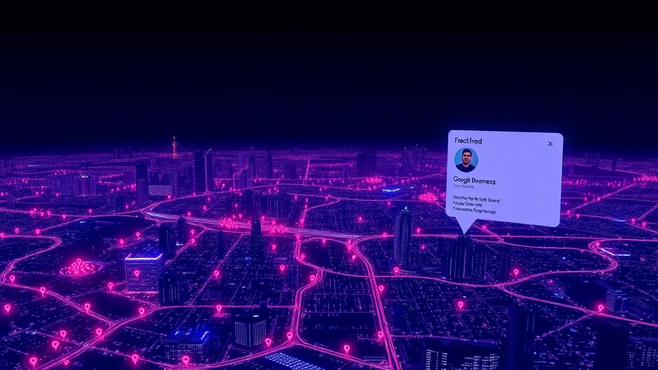Glowing city grid with dozens of local search pins representing multi-location rank tracking