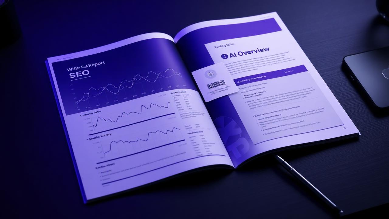 Branded white label SEO report on a desk showing rankings, traffic, and AI Overview presence